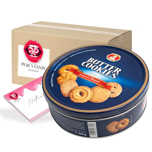 Pere's Candy® Bundle für Dänische Butterkekse Cookies, Gebäckmischung - Blau Nostalgie Dose 2er Pack (2 x 454 g) + Pere's Candy Notepad DIN A7-25 Blatt von PERE’S CANDY