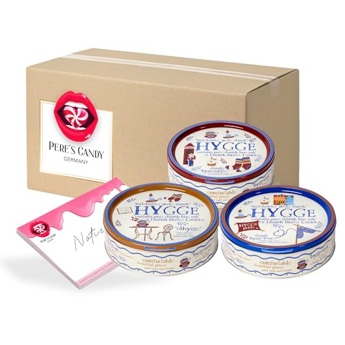 Pere's Candy® Bundle für Dänische Butterkekse Cookies teilweise mit Schokoladenstückchen - "Hygge" Motive Dose 2er Pack (2 x 340 g) + Pere's Candy Notepad DIN A7-25 Blatt von PERE’S CANDY