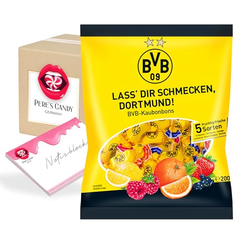 Pere's Candy® Bundle für Fanartikel BVB Borussia Dortmund 1200g Kaubonbon - bvb süßigkeiten 3erPack (3x400g) + Pere's Candy Notepad DIN A7-25 Blatt von PERE’S CANDY