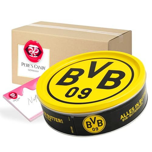 Pere's Candy® Bundle für Fanartikel BVB Borussia Dortmund Butter Cookies/Kekse BVB Süßigkeiten 1er Pack(340g) + Pere's Candy Notepad DIN A7-25 Blatt von PERE’S CANDY