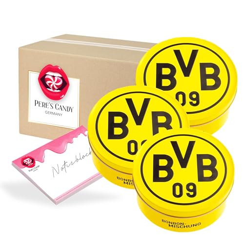 Pere's Candy® Bundle für Fanartikel BVB Borussia Dortmund - Cola und Zitronenbonbons - BVB Süßigkeiten 3er Pack (3x200g) + Pere's Candy Notepad DIN A7-25 Blatt von PERE’S CANDY