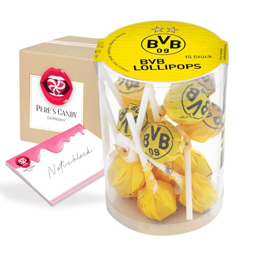 Pere's Candy® Bundle für Fanartikel BVB Borussia Dortmund - Lollipops- BVB Süßigkeiten 6er Pack (6x150g) + Pere's Candy Notepad DIN A7-25 Blatt von PERE’S CANDY