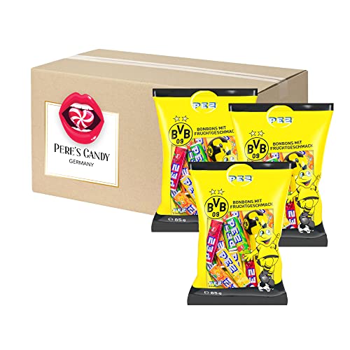 Fanartikel BVB Borussia Dortmund - PEZ-Spender inkl. Nachfüllungen- BVB Süßigkeiten 3er Pack (3x85g) von Pere's Candy® Box mit Geschenk von PERE’S CANDY