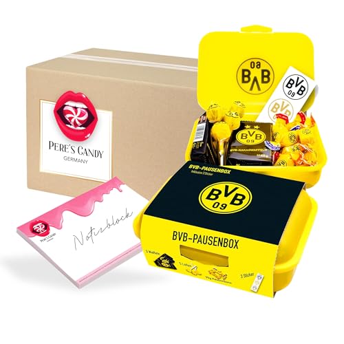 Pere's Candy® Bundle für Fanartikel BVB Borussia Dortmund Pausenbox/Brotdose - BVB Süßigkeiten 1er Pack 275g + Pere's Candy Notepad DIN A7-25 Blatt von PERE’S CANDY