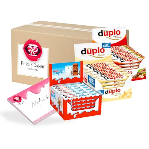 Pere's Candy® Bundle für Ferrero Duplo - Duplo White Einzelriegel 2 x 40erPack (728g) und Kinder Riegel 36erPack (756g) + Pere's Candy Notepad DIN A7-25 Blatt von PERE’S CANDY