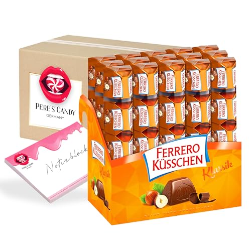 Pere's Candy® Bundle für Ferrero Küsschen Thekendisplay 15x5 (660g) Ferrero Küsschen Praline mit Nusspralinen-Spezialität Milch-und Halbbitterschokolade + Pere's Candy Notepad DIN A7-25 Blatt von PERE’S CANDY