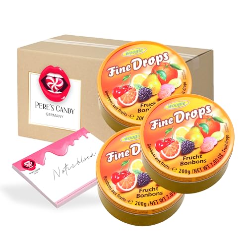 Fine Drops - Bonbons Süßigkeiten Früchtemix Geschmack 3 x 200g in Metalldose von Pere's Candy® mit Geschenk notepad - Bundle von PERE’S CANDY