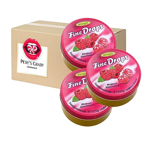 Fine Drops - Bonbons Süßigkeiten Himbeere Geschmack 3 x 175g in Metalldose von Pere's Candy® Box mit Geschenk von PERE’S CANDY