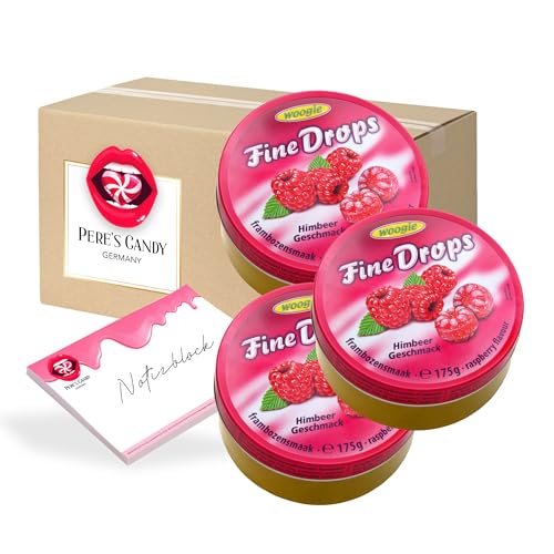 Pere's Candy® Bundle für Fine Drops - Bonbons Süßigkeiten Himbeere Geschmack 3 x 175g in Metalldose + Pere's Candy Notepad DIN A7-25 Blatt von PERE’S CANDY