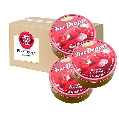 Fine Drops - Bonbons Süßigkeiten Kirsch Geschmack 3 x 200g in Metalldose von Pere's Candy® Box mit Geschenk von PERE’S CANDY
