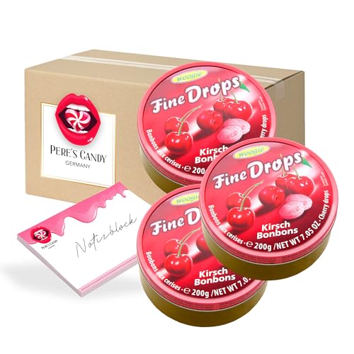 Fine Drops - Bonbons Süßigkeiten Kirsch Geschmack 3 x 200g in Metalldose von Pere's Candy® mit Geschenk notepad - Bundle von PERE’S CANDY