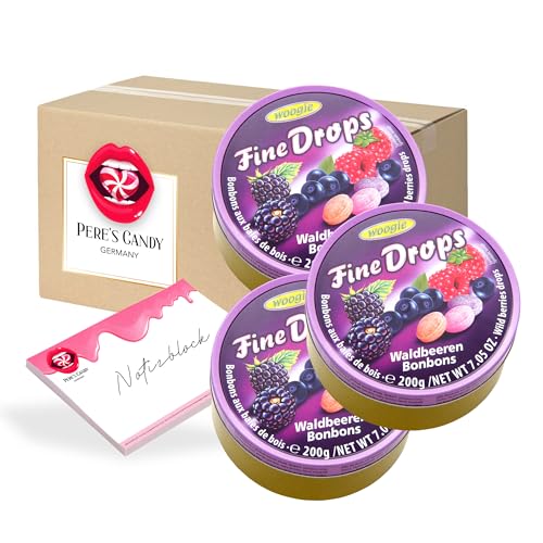 Fine Drops - Bonbons Süßigkeiten Waldbeeren Geschmack 3 x 200g in Metalldose von Pere's Candy® mit Geschenk notepad - Bundle von PERE’S CANDY