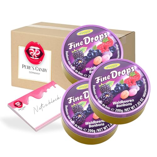 Fine Drops - Bonbons Süßigkeiten Waldbeeren Geschmack 3 x 200g in Metalldose von Pere's Candy® Box mit Geschenk von PERE’S CANDY