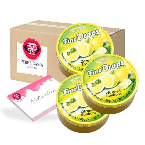 Pere's Candy® Bundle für Fine Drops - Bonbons Süßigkeiten Zitronen Geschmack 3 x 200g in Metalldose + Pere's Candy Notepad DIN A7-25 Blatt von PERE’S CANDY