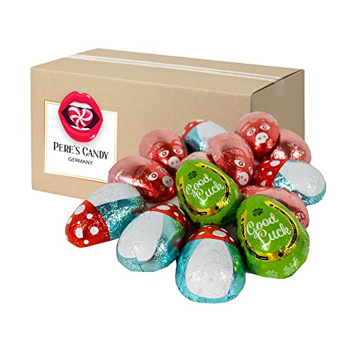 Glücksbringer aus Milchschokolade - kleinen Schoko-Happen sind in glückwünschende Motive - 900 g von Pere's Candy® Box mit Geschenk von PERE’S CANDY