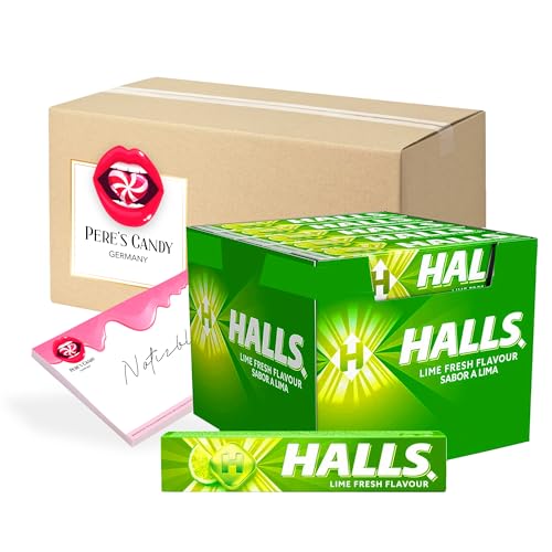 Pere's Candy® Bundle für Halls FRESH LIME Zucker - Bonbons 20 x 33,5 g Packungen aromatisierten Süßigkeiten + Pere's Candy Notepad DIN A7-25 Blatt von PERE’S CANDY