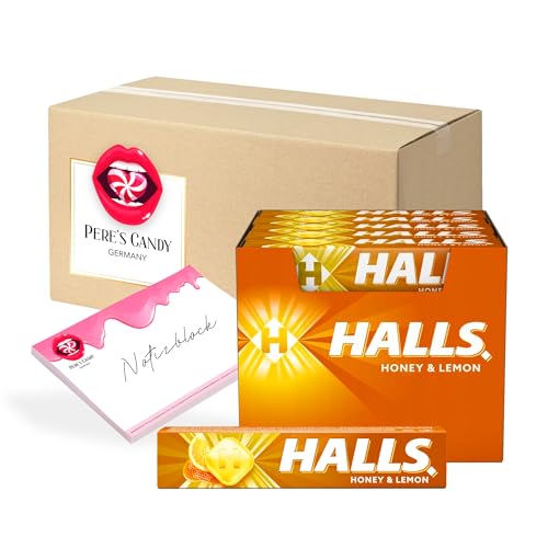 Pere's Candy® Bundle für Halls HONIG-ZITRONE Zucker - Bonbons 20 x 33,5 g Packungen aromatisierten Süßigkeiten + Pere's Candy Notepad DIN A7-25 Blatt von PERE’S CANDY