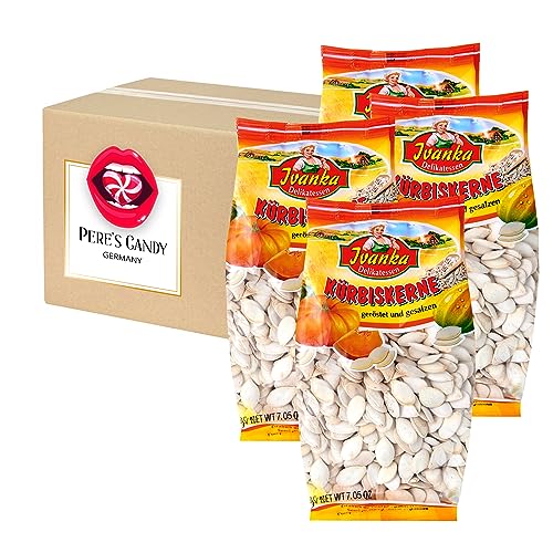 Kürbiskerne (mit Schale) – geröstet und gesalzen 4er Pack (4 x 200 g) von Pere's Candy® Box mit Geschenk von PERE’S CANDY