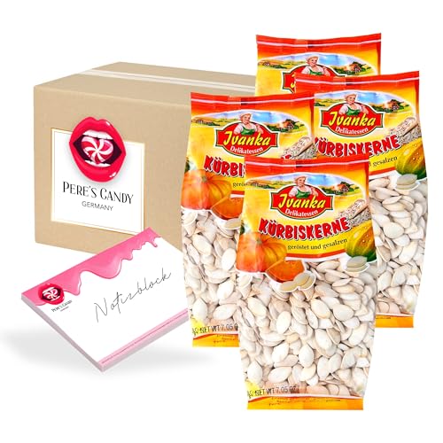 Pere's Candy® Bundle für Kürbiskerne (mit Schale) – geröstet und gesalzen 4er Pack (4 x 200 g) + Pere's Candy Notepad DIN A7-25 Blatt von PERE’S CANDY