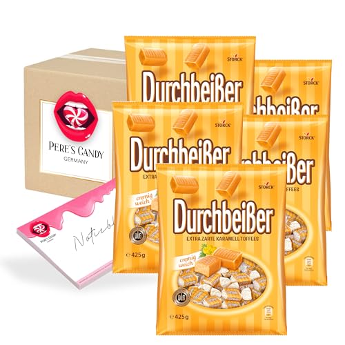 Pere's Candy® Bundle für Lutschbonbons - Bonbons Süßigkeiten Durchbeisser Karamell Geschmack 5 x 425 g + Pere's Candy Notepad DIN A7-25 Blatt von PERE’S CANDY