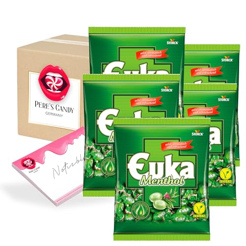 Pere's Candy® Bundle für Lutschbonbons - Bonbons Süßigkeiten Euka Menthol Geschmack 5 x 425 g + Pere's Candy Notepad DIN A7-25 Blatt von PERE’S CANDY