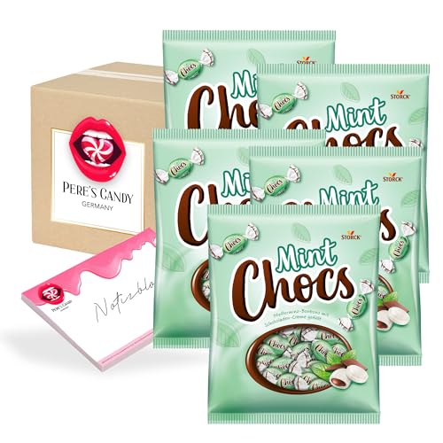 Pere's Candy® Bundle für Lutschbonbons - Bonbons Süßigkeiten Mint Chocs Geschmack 5 x 425 g + Pere's Candy Notepad DIN A7-25 Blatt von PERE’S CANDY
