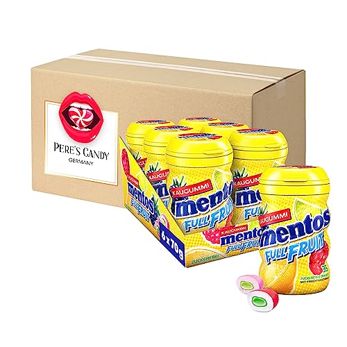 Mentos Full Fruit Kaugummi (6 x 70g) zuckerfreie Chewing Gum Dragees & flüssiger Füllung von Pere's Candy® Box mit Geschenk von PERE’S CANDY