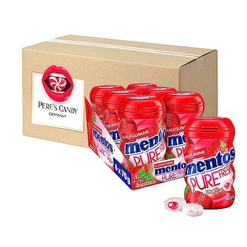 Mentos Pure Fresh Erdbeere Kaugummi (6 x 70g) zuckerfreie Chewing Gum Dragees & flüssiger Füllung von Pere's Candy® Box mit Geschenk von PERE’S CANDY