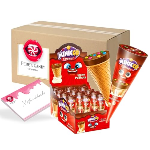 Pere's Candy Bundle fürMinicco Mini Waffelhörnchen gefüllt Haselnuss Cremige Süßigkeitenbox 24 x 25 g Einzelportionen + Pere's Candy Notepad DIN A7-25 Blatt von PERE’S CANDY