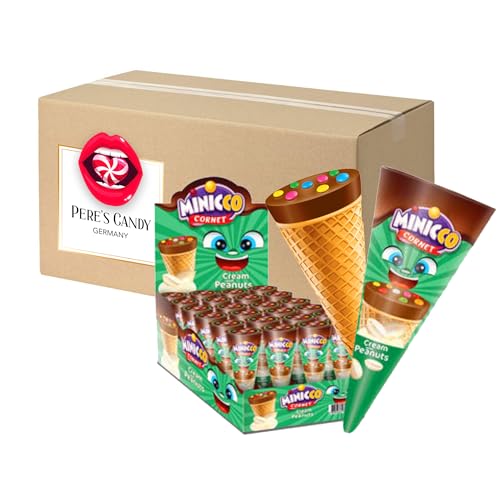 Minicco Waffelhörnchen 24 x 25 g - Eistüten mit Milch und Erdnusscremefüllung von Pere's Candy Box mit Geschenk von PERE’S CANDY