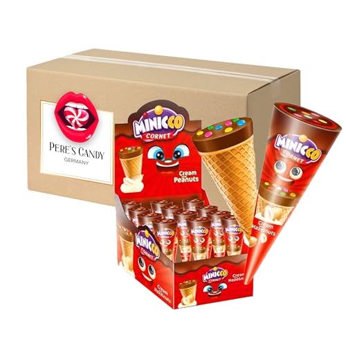 Minicco Waffelhörnchen 24 x 25 g - Eistüten mit Milch und Haselnusscremefüllung von Pere's Candy Box mit Geschenk von PERE’S CANDY