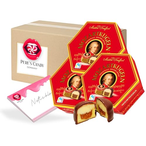 Pere's Candy® Bundle für Mozartkugeln Kartondose 3 x 300 g + Pere's Candy Notepad DIN A7-25 Blatt von PERE’S CANDY
