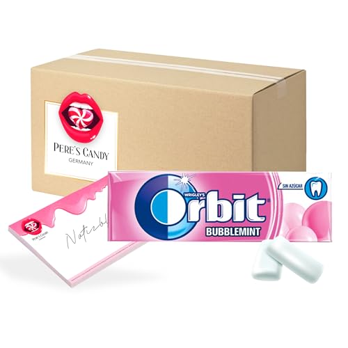 Original Wrigley`s Orbit BUBBLEMINT Kaugummi • Frischer Atem • Zuckerfrei 30 x 10 Dragees • von Pere's Candy® Box mit Geschenk von PERE’S CANDY