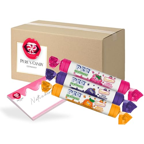 Pere's Candy® Bundle für PEZ Traubenzucker Rolle mit Geschmack Himbeere, Orange, Zitrone Traubenzucker Bonbons Multipack 15er Pack (15 x 39 g) + Pere's Candy Notepad DIN A7-25 Blatt von PERE’S CANDY