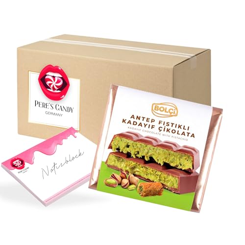 Pere's Candy® Bundle für 100 g Dubai Schokolade Pistazien-Creme-Füllung und gerösteten Teigfäden Kadayif Schokolade + Pere's Candy Notepad DIN A7-25 Blatt von PERE’S CANDY