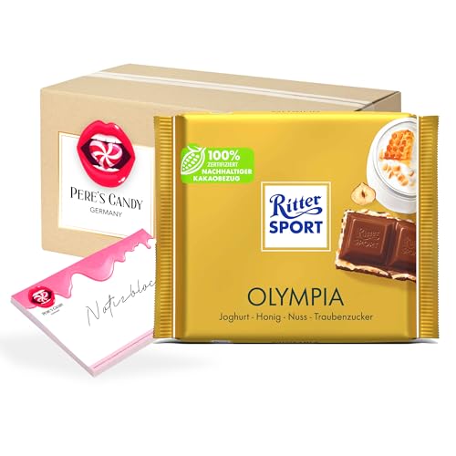 Pere's Candy® Bundle für 12 x 100g Olympia Gefüllte Vollmilch-Schokolade + Pere's Candy Notepad DIN A7-25 Blatt von PERE’S CANDY
