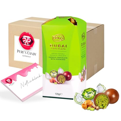 Pere's Candy® Bundle für 120 g Dubai Schokolade Crispy Bons Kadayif Schokolade | Premium Pistazien Schokolade + Pere's Candy Notepad DIN A7-25 Blatt von PERE’S CANDY