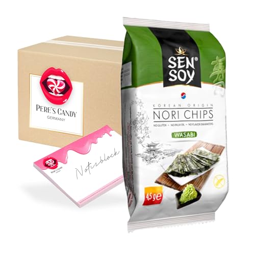 Pere's Candy® Bundle für 2 x 4,5 g Wasabi Nori-Chips Algen-Snacks Knusprige Nori-Algenflocken mit Sesamöl geröstet Glutenfrei + Pere's Candy Notepad 25 Blatt von PERE’S CANDY