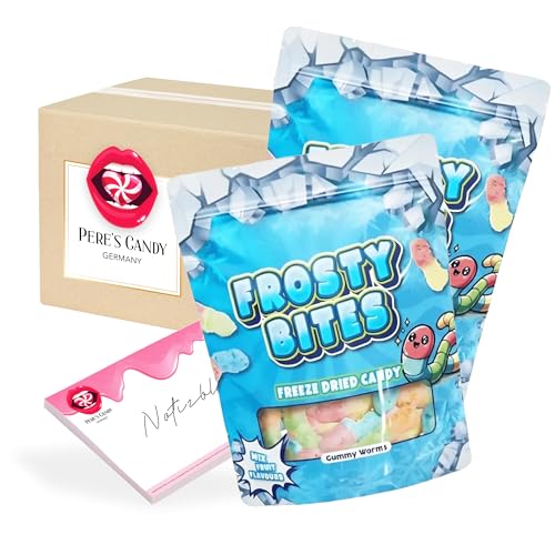 Pere's Candy® Bundle für 2 x 50 g Sour Worms Freeze Dried Candy Gefriergetrocknete Süßigkeiten – Frosty Bites Knusprig, fruchtig, unwiderstehlich + Pere's Candy Notepad 25 Blatt von PERE’S CANDY