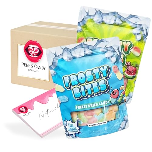 Pere's Candy® Bundle für 2 x 50 g Watermelon + Sour Worms Freeze Dried Candy Gefriergetrocknete Süßigkeiten – Frosty Bites Knusprig, fruchtig, unwiderstehlich + Pere's Candy Notepad 25 Blatt von PERE’S CANDY