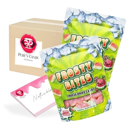 Pere's Candy® Bundle für 2 x 50 g Watermelon Freeze Dried Candy Gefriergetrocknete Süßigkeiten – Frosty Bites Knusprig, fruchtig, unwiderstehlich + Pere's Candy Notepad 25 Blatt von PERE’S CANDY