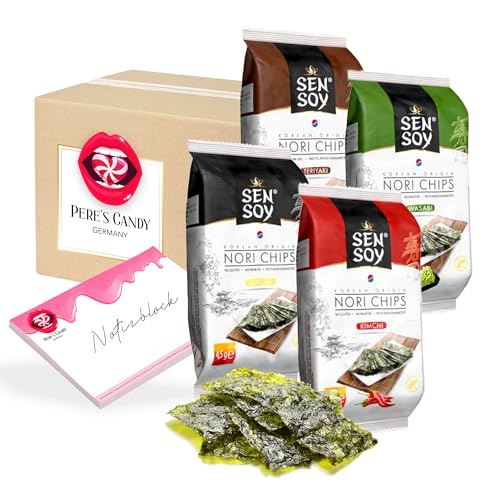Pere's Candy® Bundle für 4 x 4,5 g Teriyaki-Kimchi-Wasabi-Klassisch Nori-Chips Algen-Snacks Knusprige Nori-Algenflocken mit Sesamöl geröstet Glutenfrei + Pere's Candy Notepad 25 Blatt von PERE’S CANDY