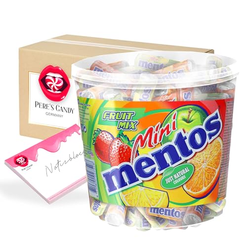 Pere's Candy® Bundle für Mentos Mini Fruit Mix Bucket - Eimer mit 120 Mini-Rollen + Pere's Candy Notepad DIN A7-25 Blatt von PERE’S CANDY