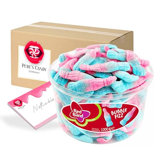 Pere's Candy Bundle für Red Band Fruchtgummi Dosen Bubble Fizz 1000g | Saure Zungen, Pilze, Schnuller & Mehr + Pere's Candy Notepad DIN A7-25 Blatt von PERE’S CANDY