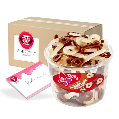 Pere's Candy Bundle für Red Band Fruchtgummi Dosen Cola Schnuller 1200g | Saure Zungen, Pilze, Schnuller & Mehr + Pere's Candy Notepad DIN A7-25 Blatt von PERE’S CANDY