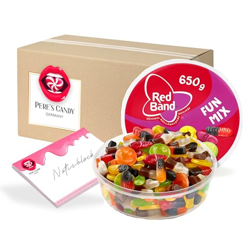 Pere's Candy Bundle für Red Band Fruchtgummi Dosen Fun Mix 650g | Saure Zungen, Pilze, Schnuller & Mehr + Pere's Candy Notepad DIN A7-25 Blatt von PERE’S CANDY
