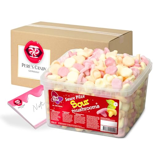 Pere's Candy Bundle für Red Band Fruchtgummi Dosen Saure Pilze ca. 240 Stück | Saure Zungen, Pilze + Pere's Candy Notepad DIN A7-25 Blatt von PERE’S CANDY