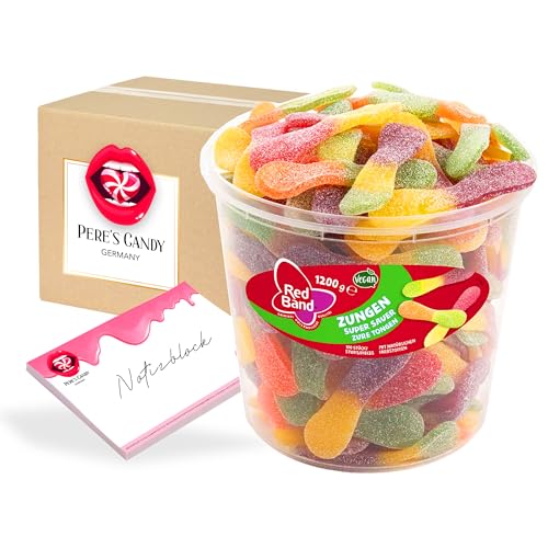 Pere's Candy Bundle für Red Band Fruchtgummi Dosen Zungen Super Sauer 1200g | Pilze, Schnuller & Mehr + Pere's Candy Notepad DIN A7-25 Blatt von PERE’S CANDY