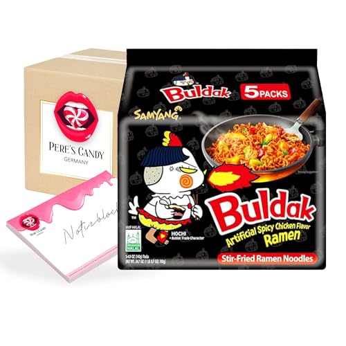 Pere's Candy Bundle für 5 x 140 g Buldak Samyang Noodles Hot Chicken – Feurig-scharfes Geschmackserlebnis + Pere's Candy Notepad 25 Blatt von PERE’S CANDY