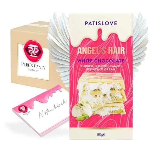 Pere's Candy Bundle für Angel Hair WEISS Schokolade 90g Gefüllt mit Pismaniye & Pistaziencreme mit Türkische Zuckerwatte Kadayif Halva + Pere's Candy Notepad 25 Blatt von PERE’S CANDY